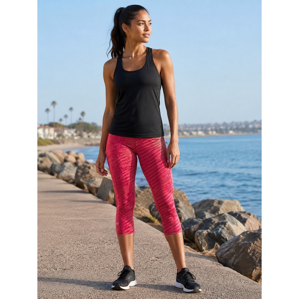Under Armour HeatGear Compression Leggings Womens XL Coral Striped Crop Tights